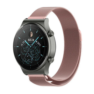 Milanese Strap, pink, on a watch, 3/4 front view