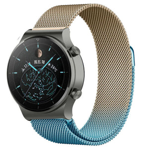 Milanese Strap, blue/gold, on a watch, 3/4 front view