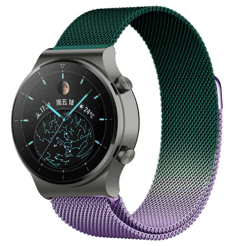 Milanese Strap, purple/green, on a watch, 3/4 front view