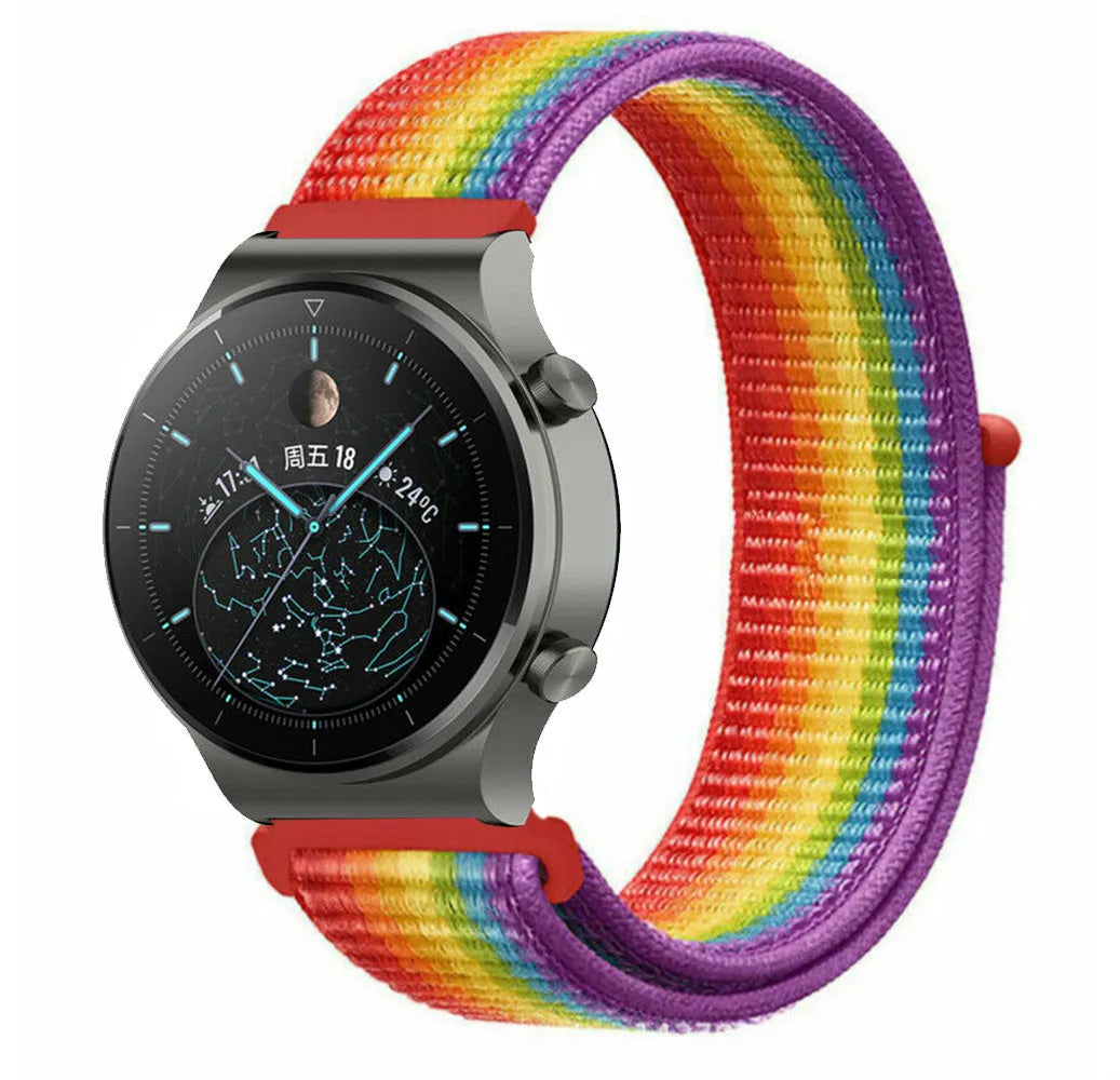 Nylon Strap, rainbow, on a watch, 3/4 front view