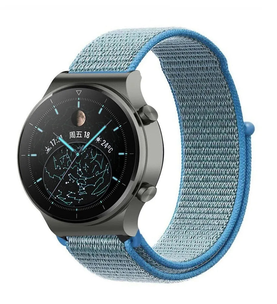 Nylon Strap, blue, on a watch, 3/4 front view