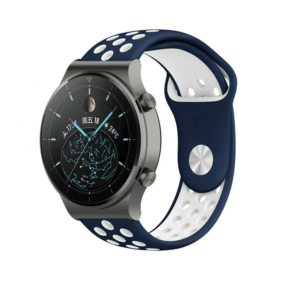 Silicone Sport Strap, blue/white, on a watch, 3/4 front view