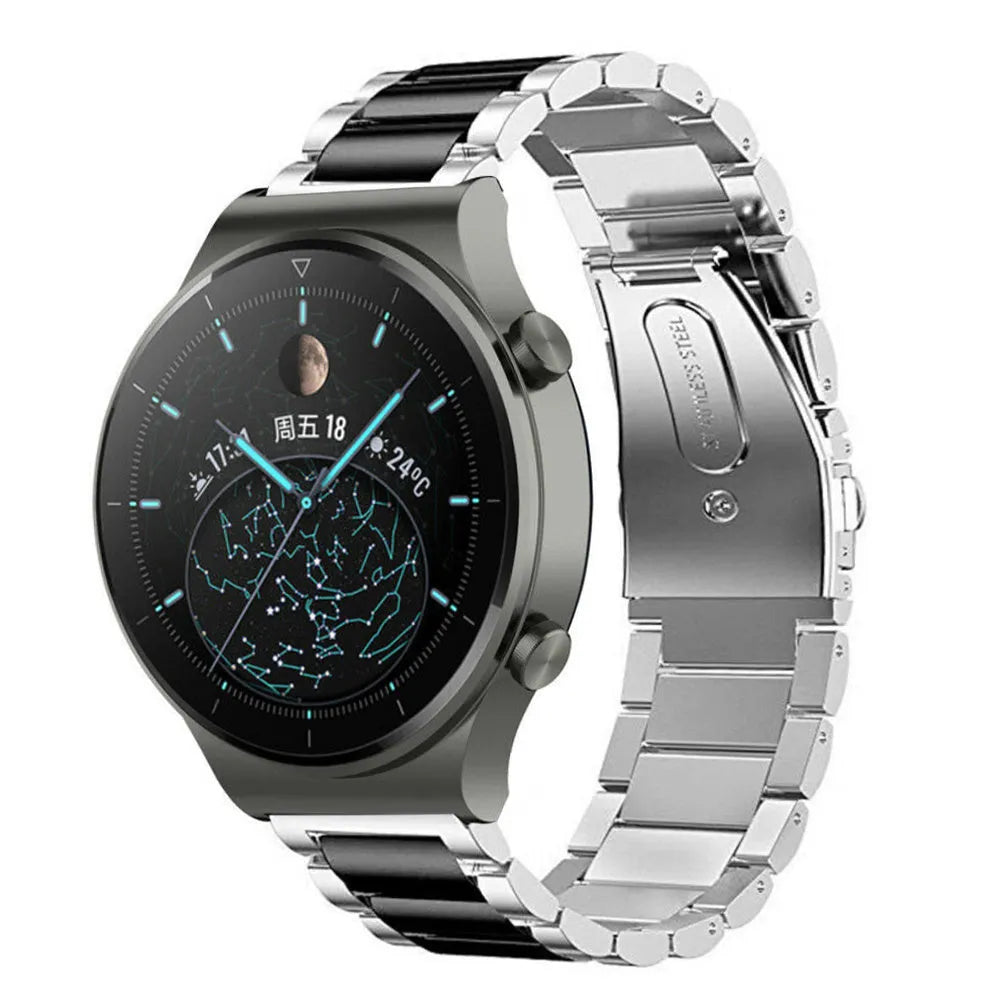 Steel Strap, silver/black, on a watch, 3/4 front view