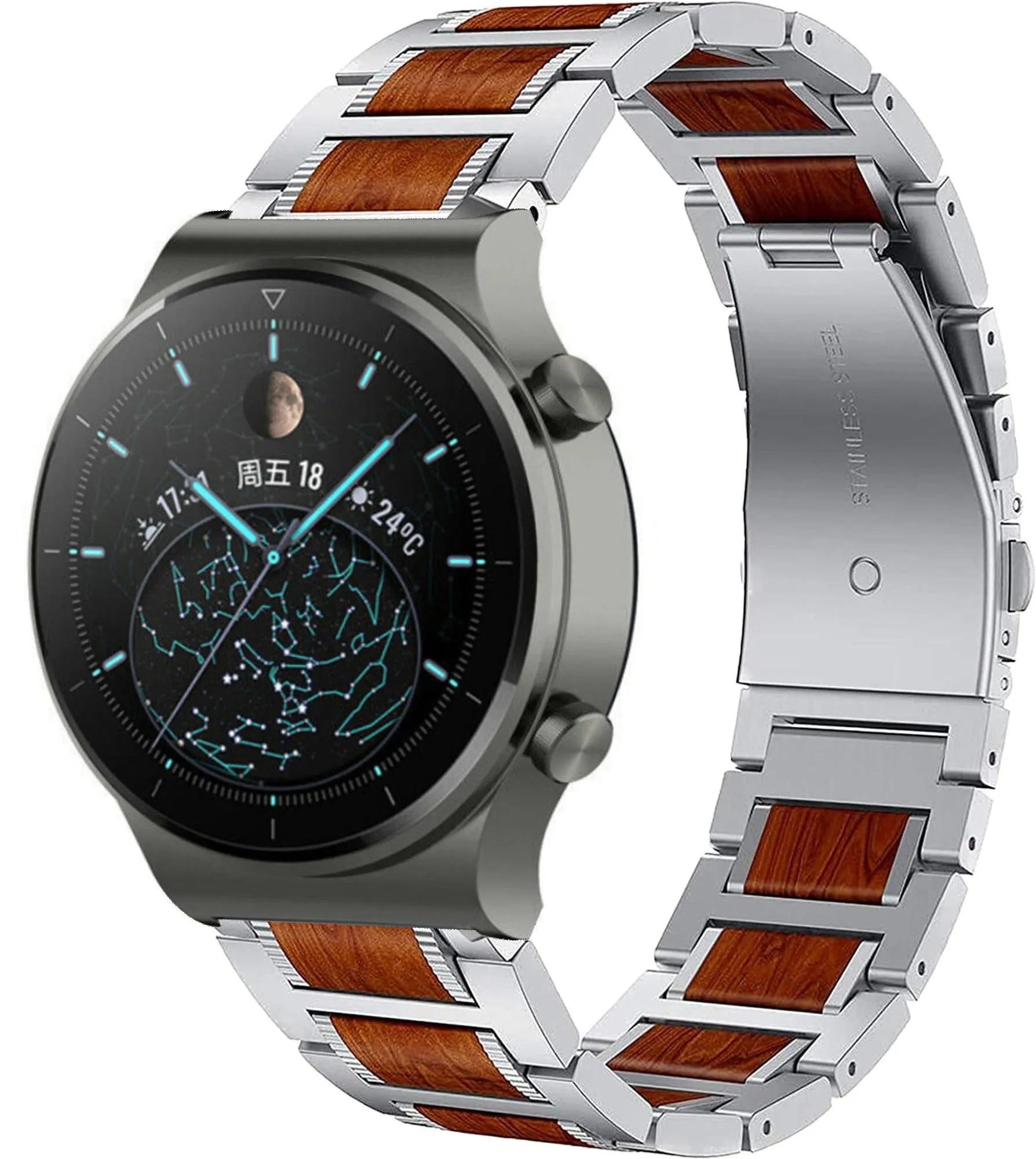 Wood Steel Strap, silver, on a watch, 3/4 front view