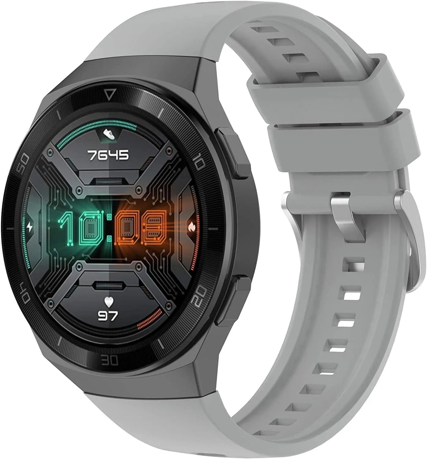 Silicone Strap, grey, on a watch, 3/4 front view