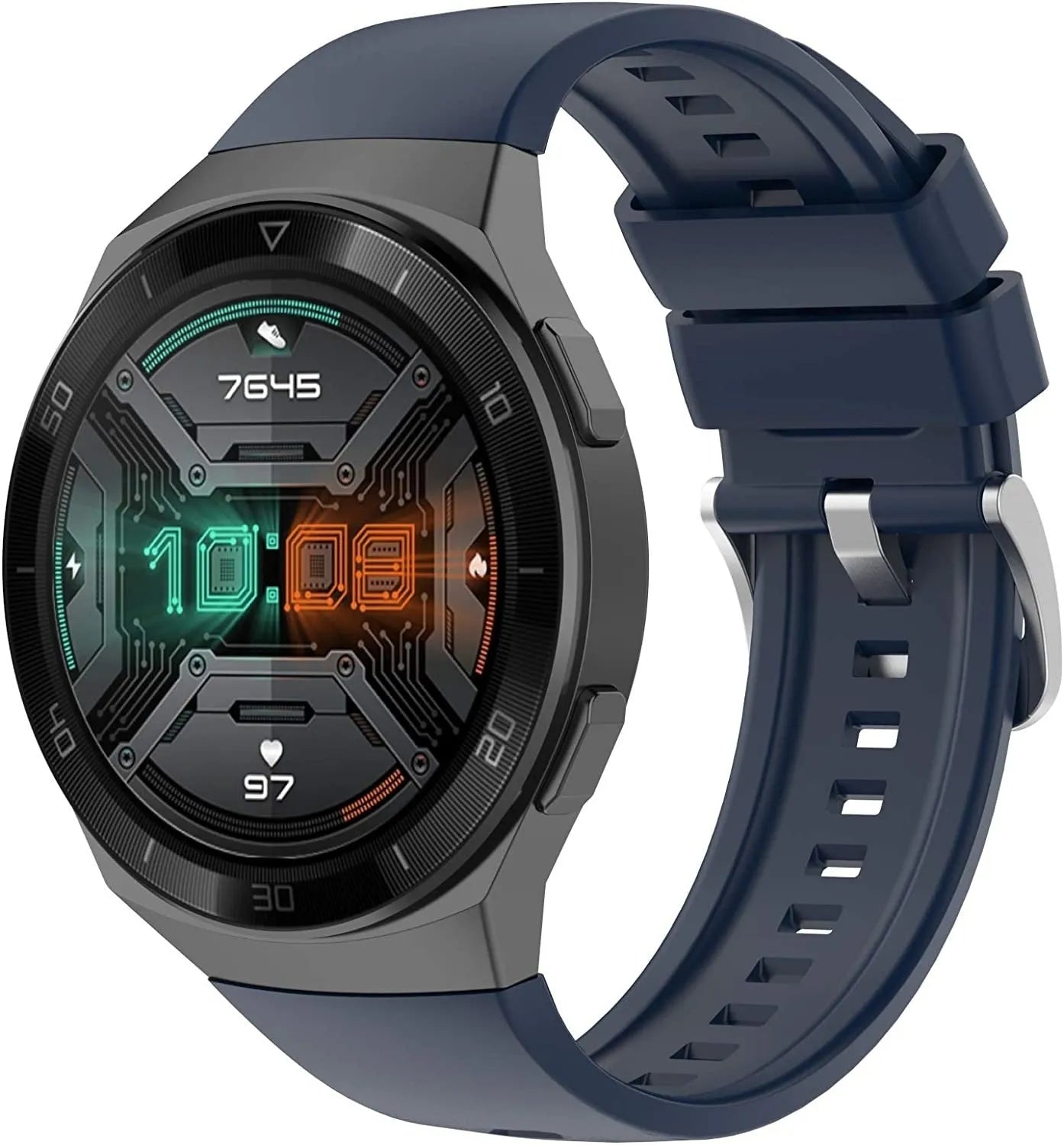 Silicone Strap, dark blue, on a watch, 3/4 front view