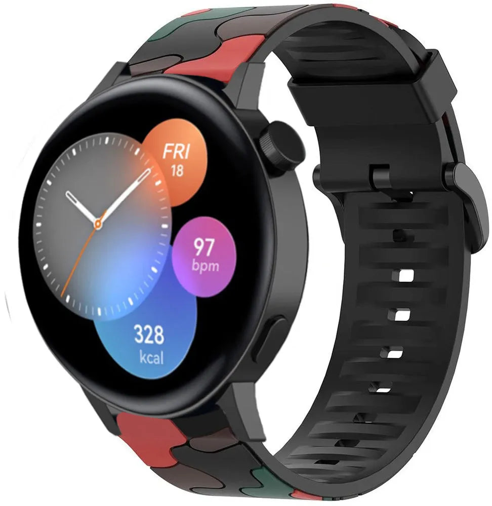 Silicone Camo Strap, red, on a watch, 3/4 front view