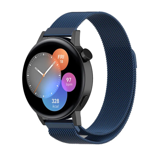Milanese Strap, blue, on a watch, 3/4 front view