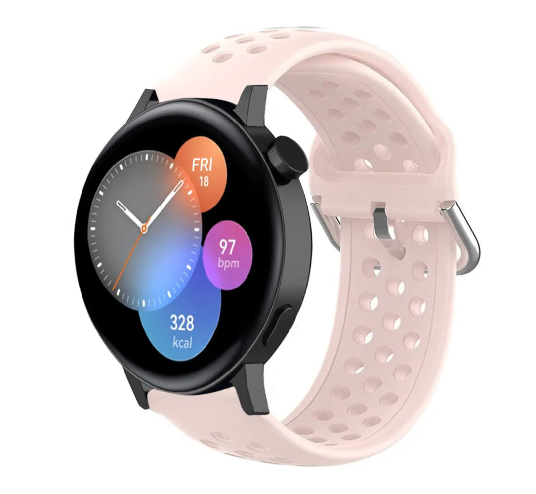 Breathable Silicone Strap, pink, on a watch, 3/4 front view