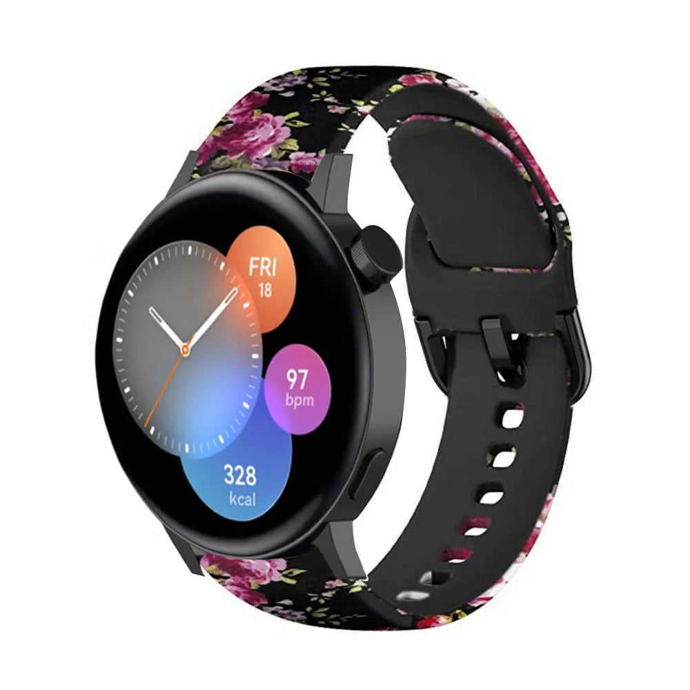Print Silicone Strap, pink flower, on a watch, 3/4 front view