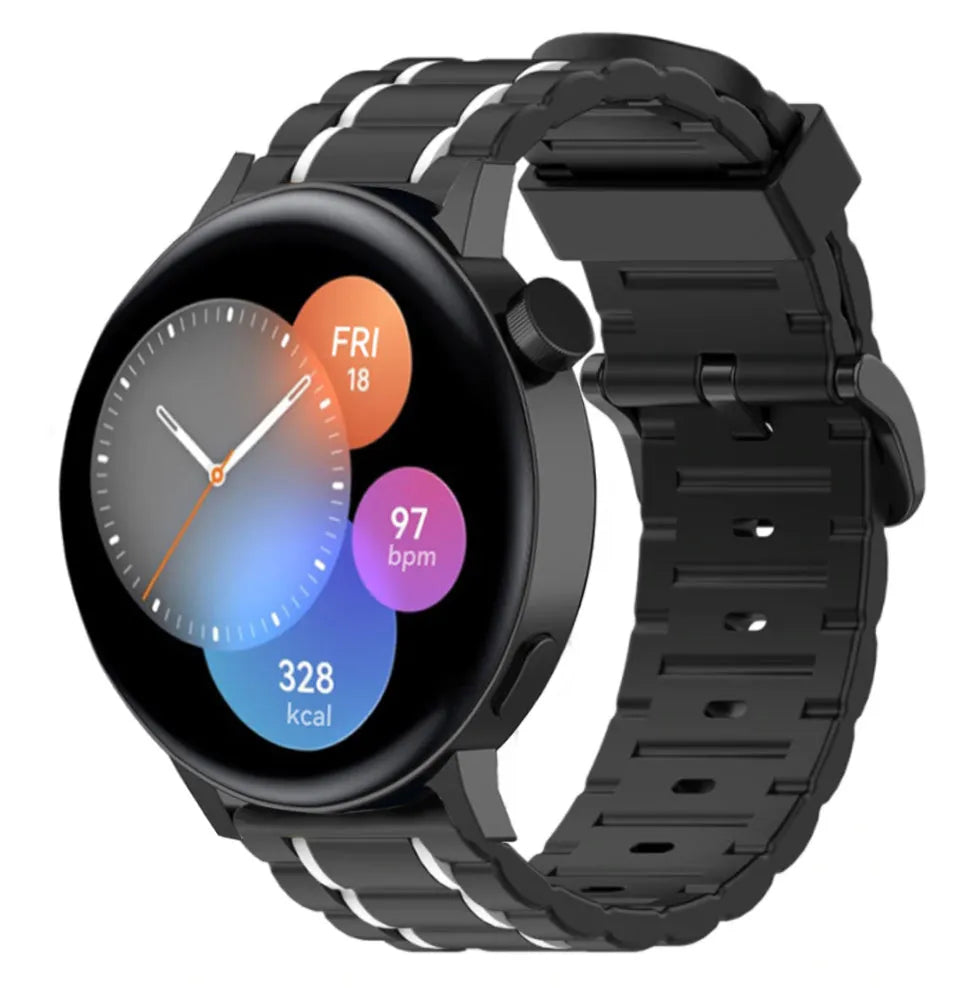 Silicone Strap 'Tough', black/white, on a watch, 3/4 front view