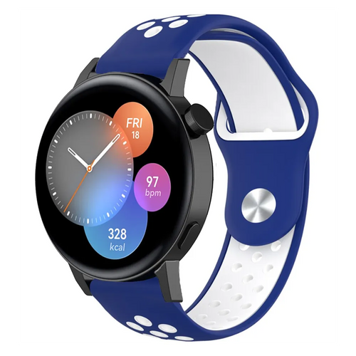 Silicone Sport Strap, blue/white, on a watch, 3/4 front view