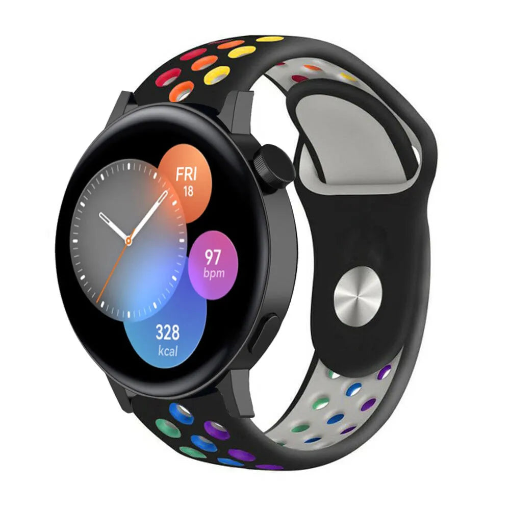 Silicone Sport Strap, black/colourful, on a watch, 3/4 front view