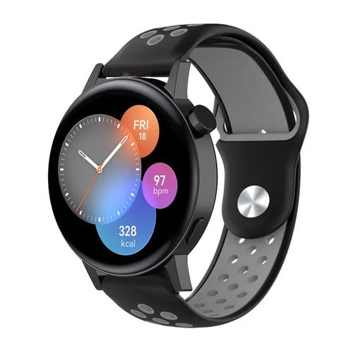 Silicone Sport Strap, black/grey, on a watch, 3/4 front view