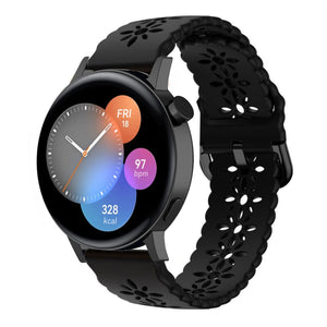Patterned Silicone Strap, black, on a watch, 3/4 front view