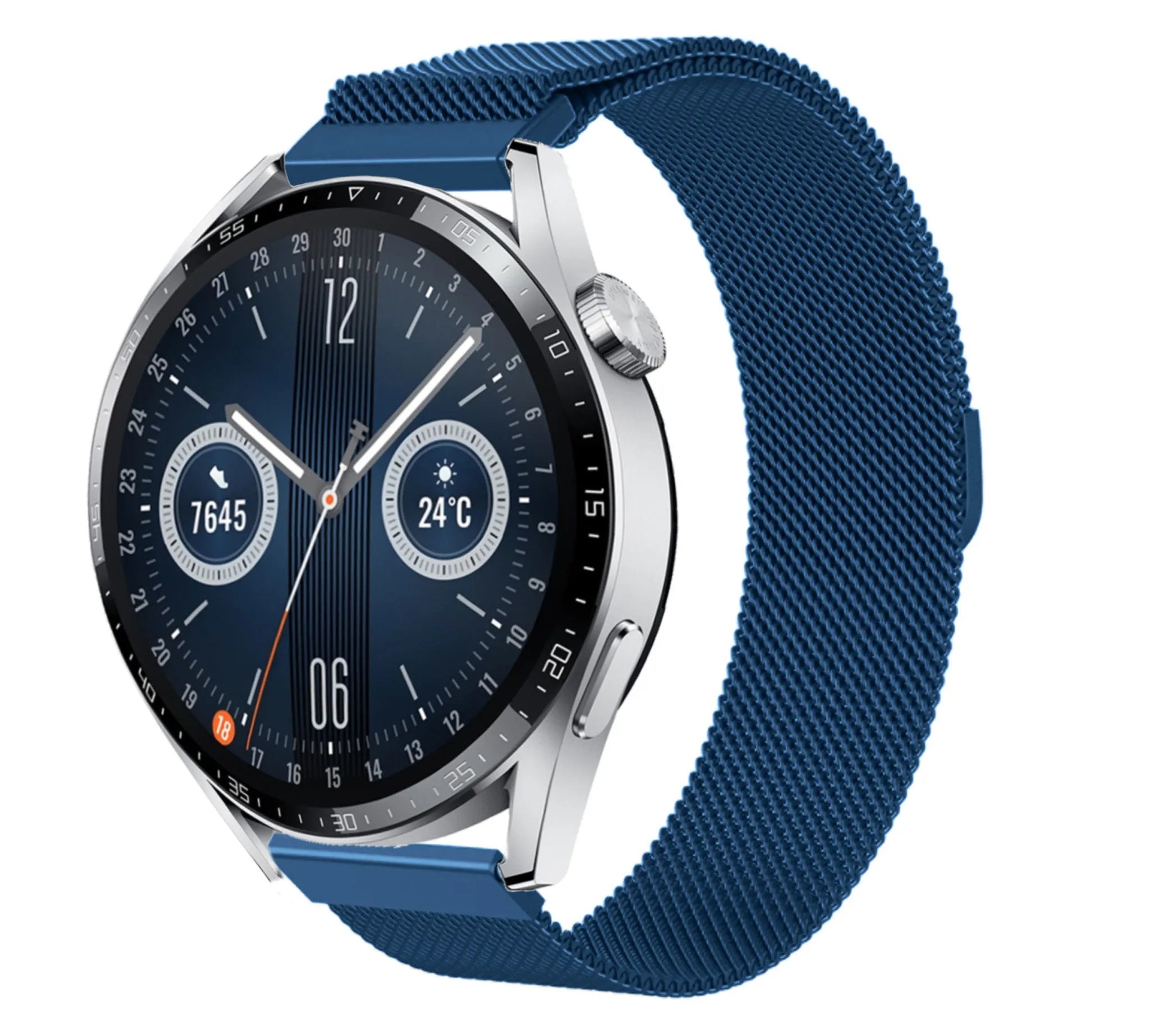 Milanese Strap, blue, on a watch, 3/4 front view