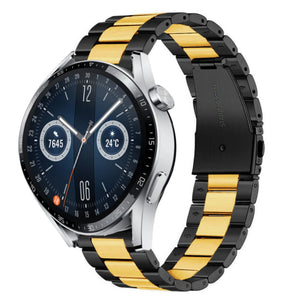 Steel Strap, black/gold, on a watch, 3/4 front view