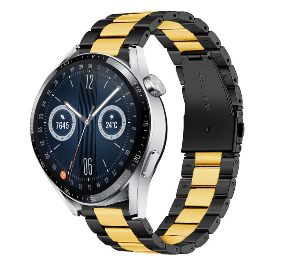 Steel Strap, black/gold, on a watch, 3/4 front view