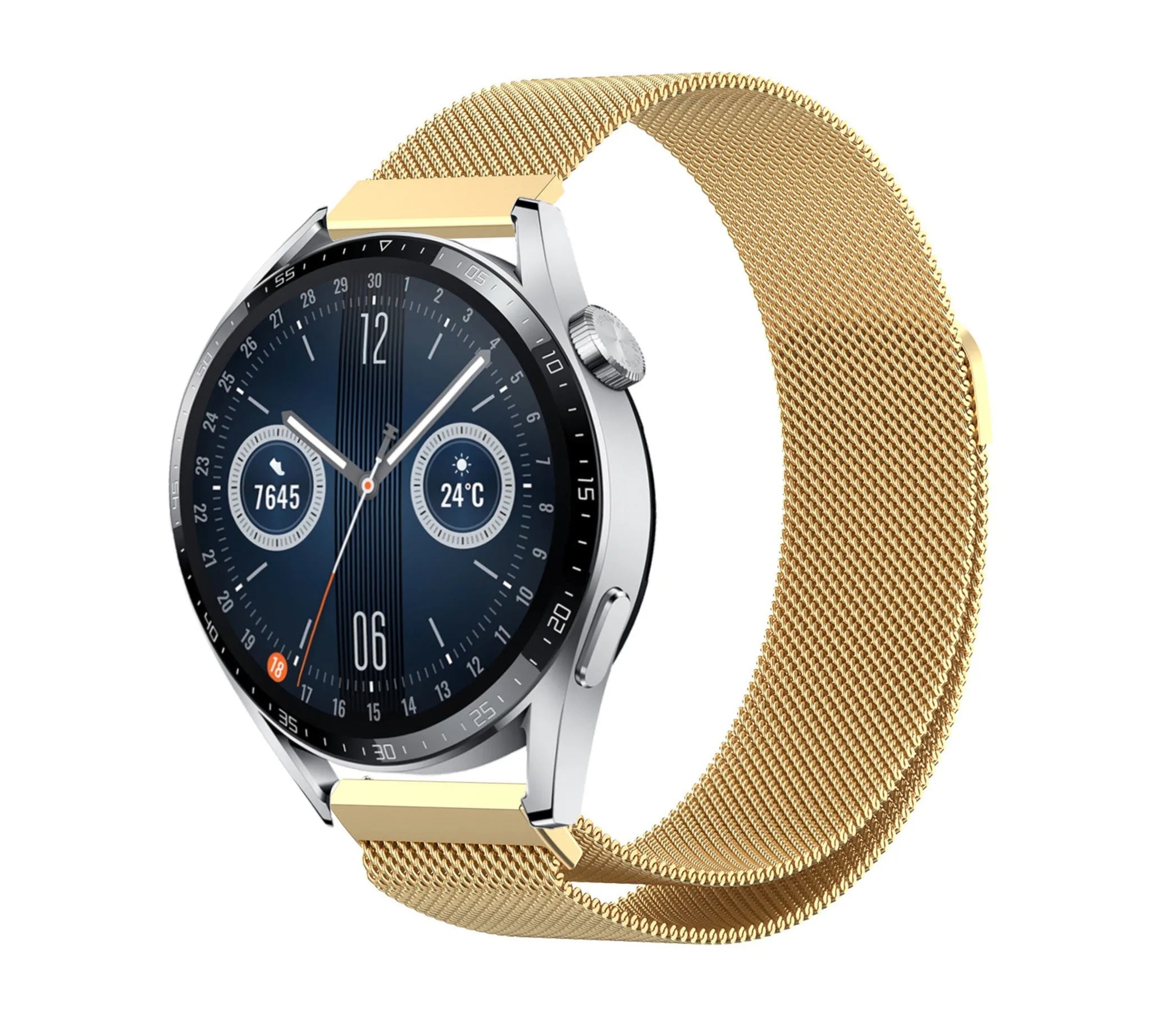 Milanese Strap, gold, on a watch, 3/4 front view