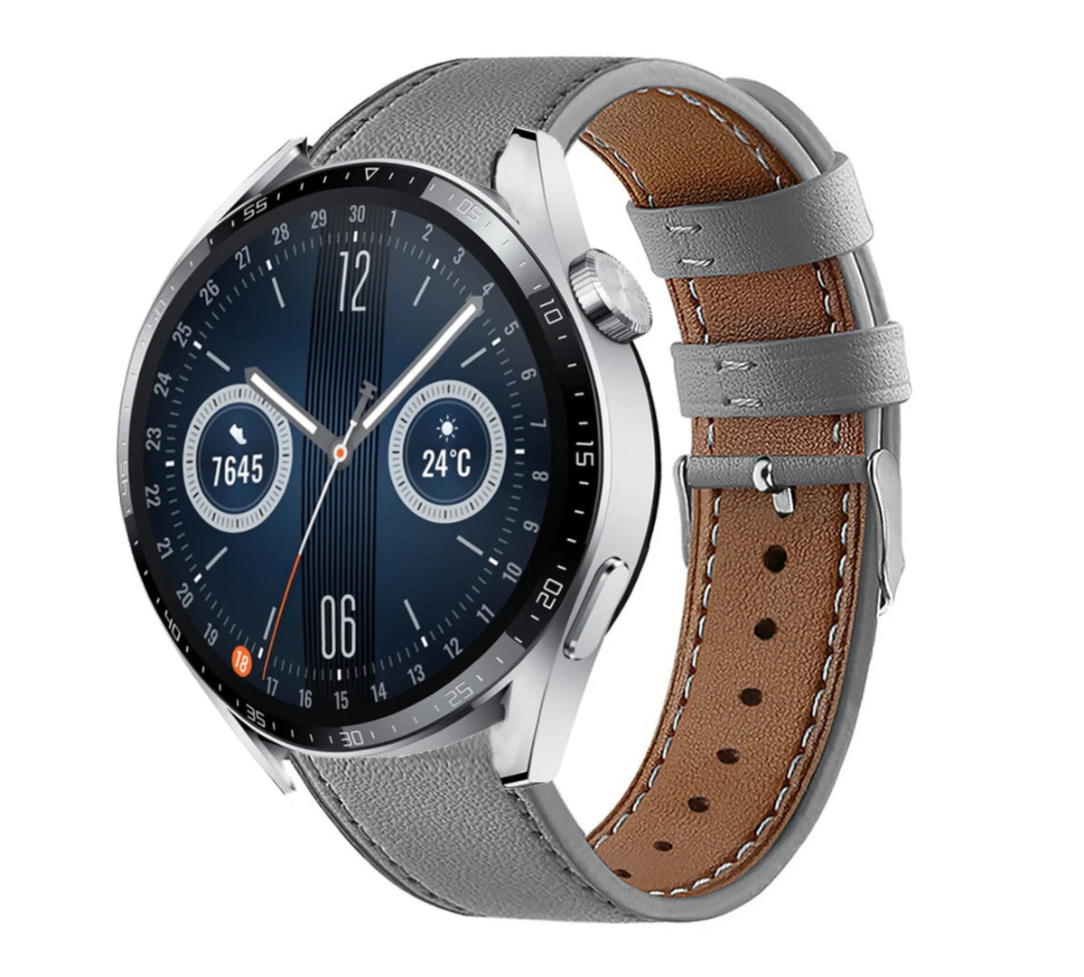 Modern Leather Strap, grey, on a watch, 3/4 front view