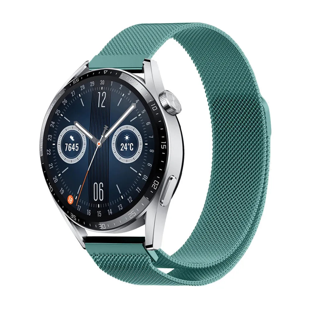 Milanese Strap, green, on a watch, 3/4 front view
