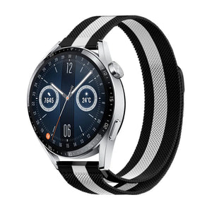 Milanese Strap, black/white, on a watch, 3/4 front view