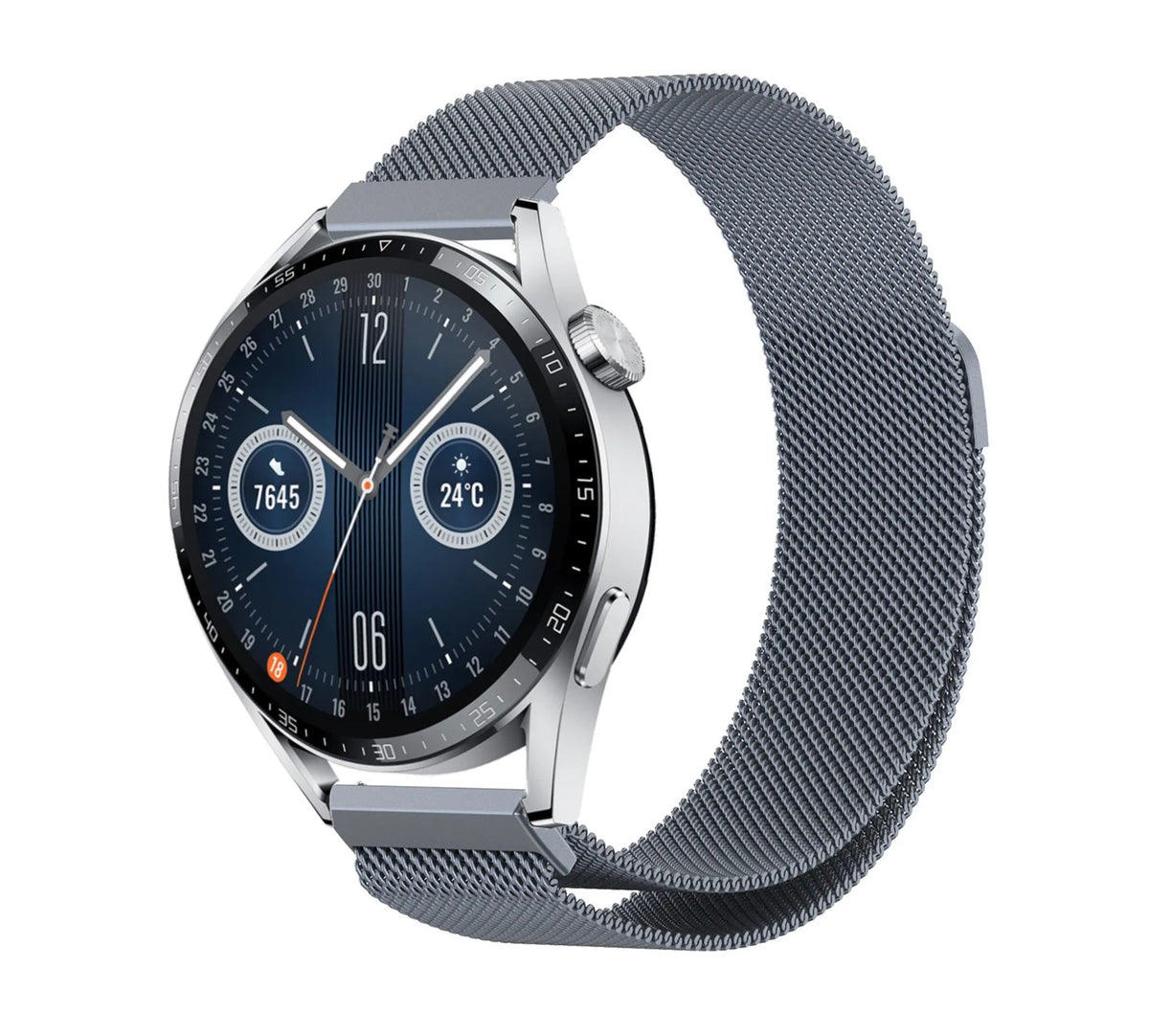 Milanese Strap, space grey, on a watch, 3/4 front view