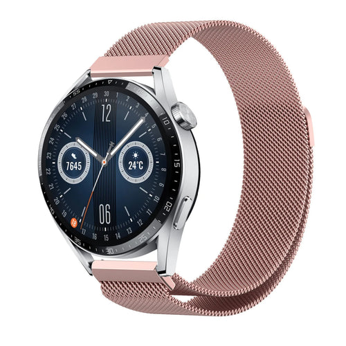 Milanese Strap, pink, on a watch, 3/4 front view