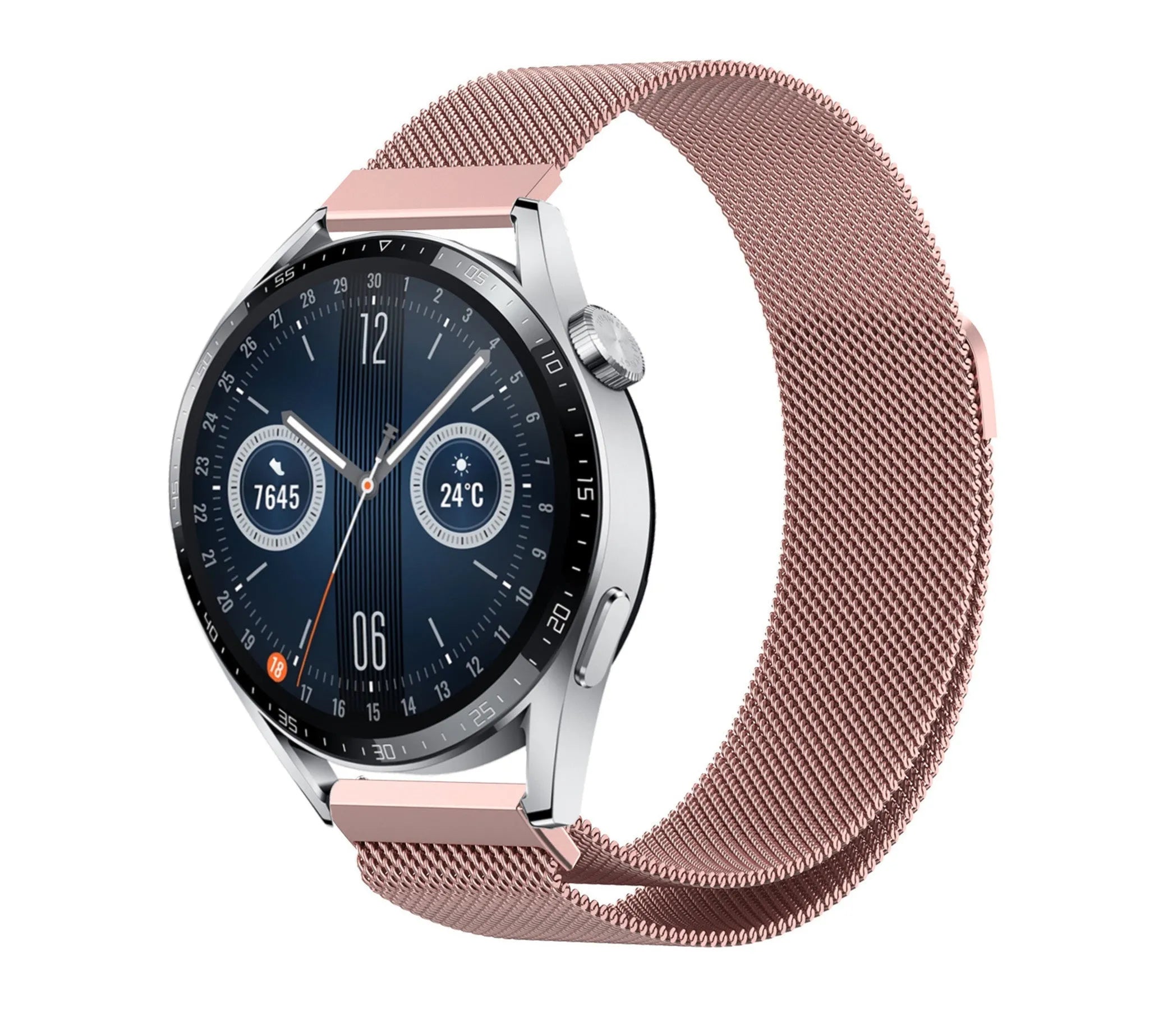 Milanese Strap, pink, on a watch, 3/4 front view