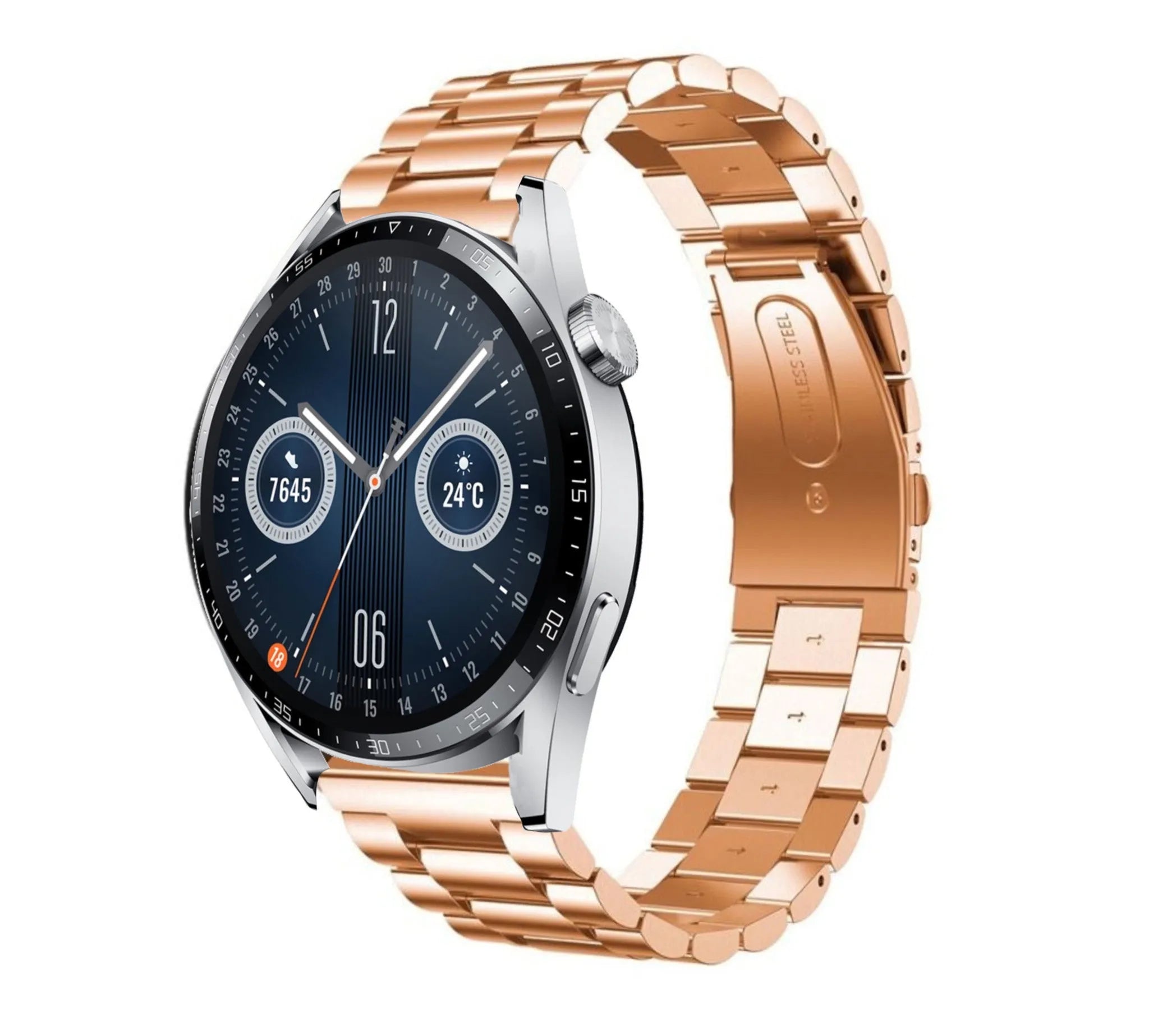 Steel Strap, rose gold, on a watch, 3/4 front view