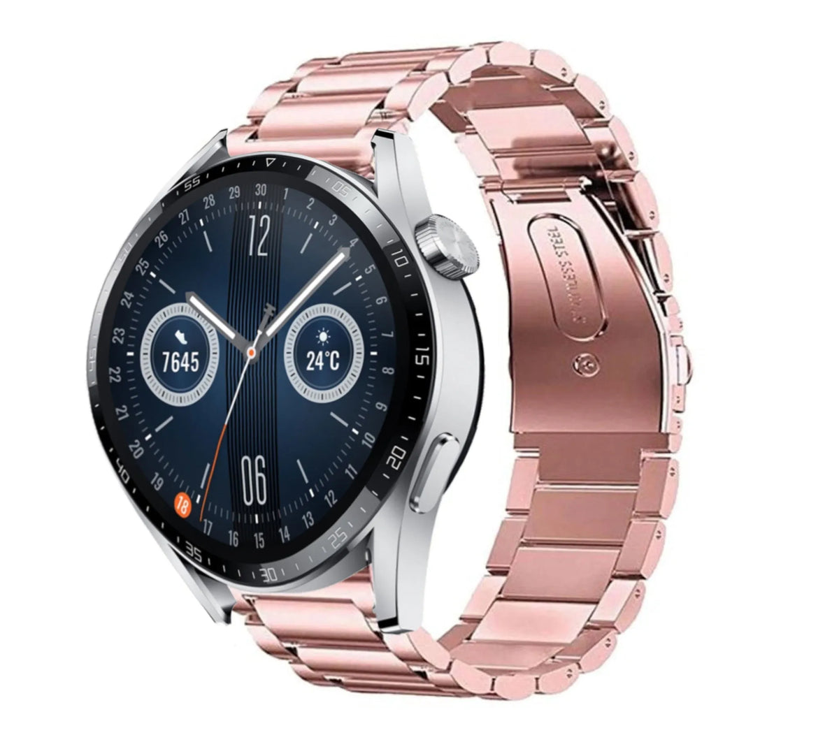 Steel Strap, pink, on a watch, 3/4 front view