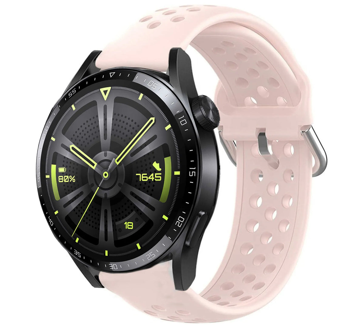 Breathable Silicone Strap, pink, on a watch, 3/4 front view
