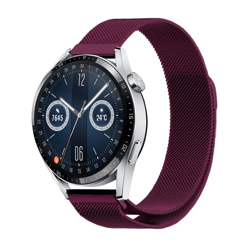 Milanese Strap, purple, on a watch, 3/4 front view