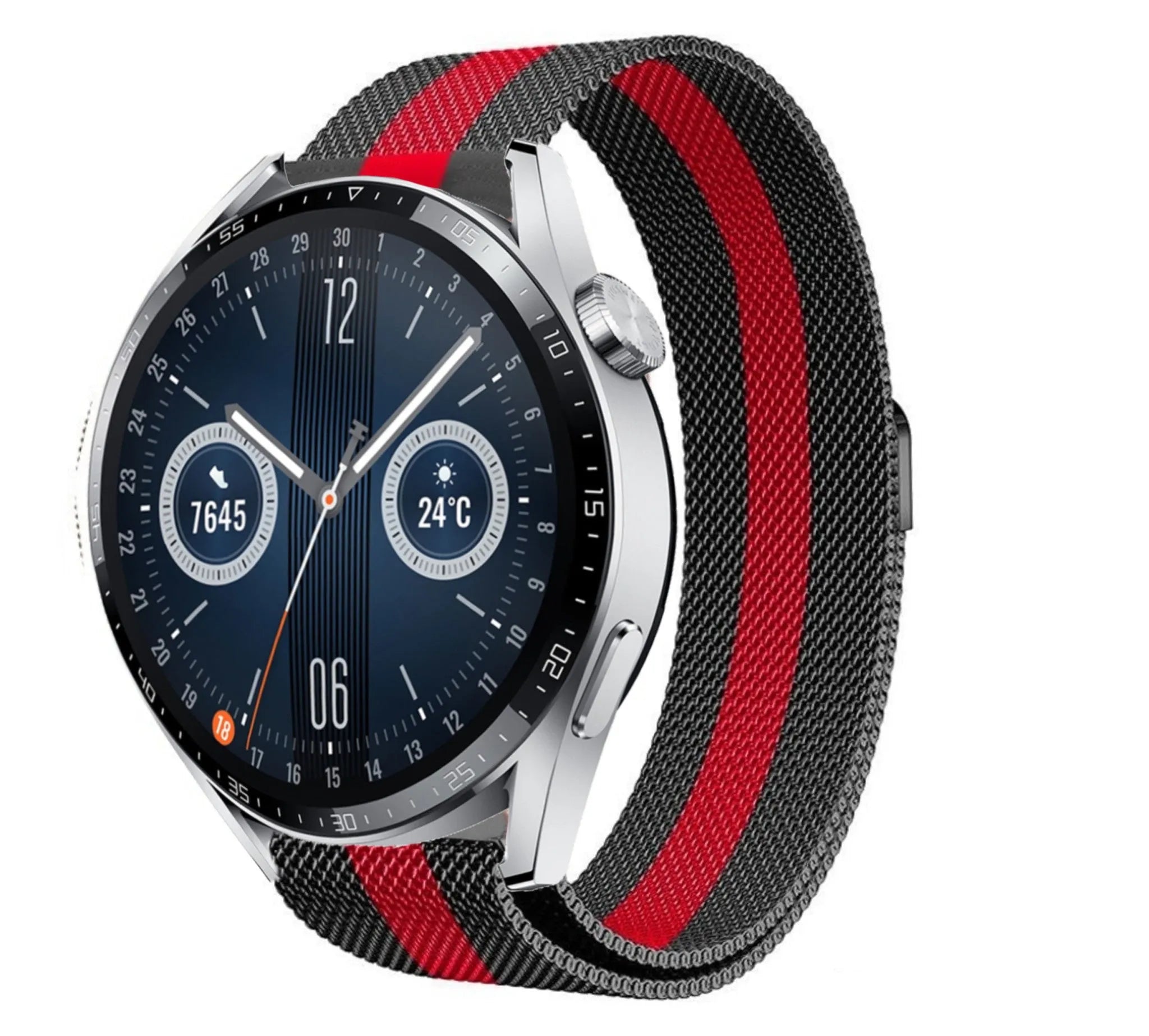 Milanese Strap, black/red, on a watch, 3/4 front view
