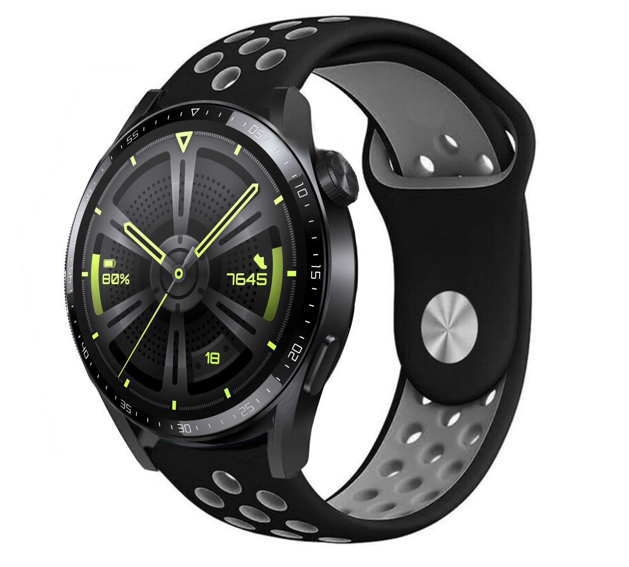 Silicone Sport Strap, black/grey, on a watch, 3/4 front view