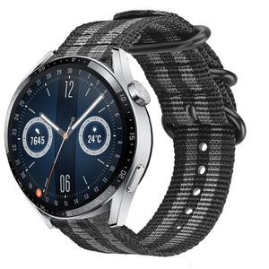 Nylon Buckle Strap, black/grey, on a watch, 3/4 front view