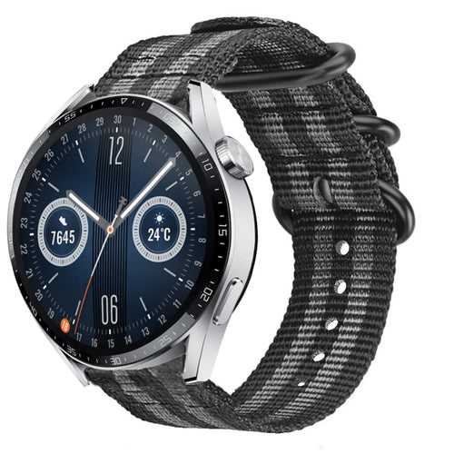 Nylon Buckle Strap, black/grey, on a watch, 3/4 front view