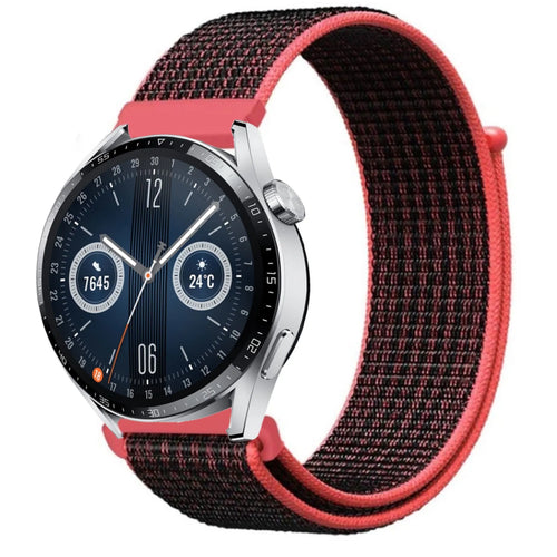 Nylon Strap, black/coral, on a watch, 3/4 front view