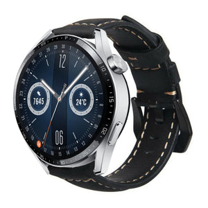 Leather Strap, black, on a watch, 3/4 front view