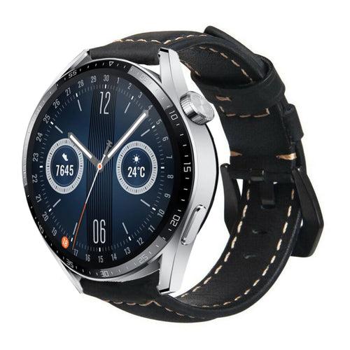 Leather Strap, black, on a watch, 3/4 front view