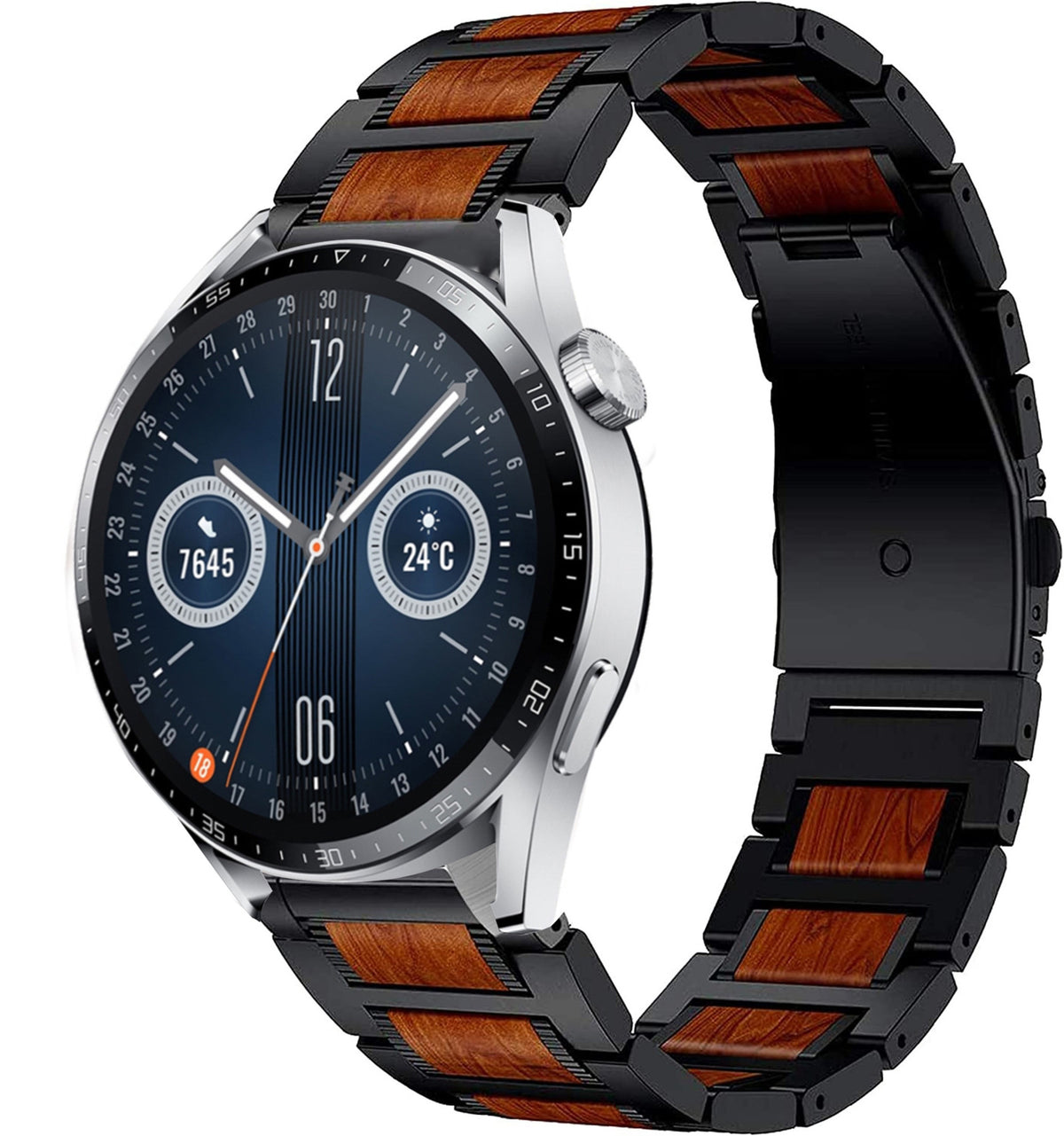 Wood Steel Strap, black, on a watch, 3/4 front view