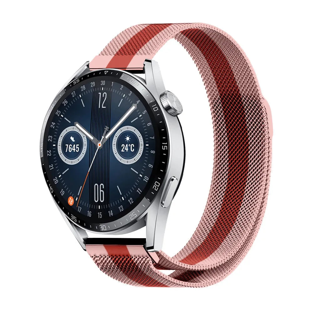 Milanese Strap, red/pink, on a watch, 3/4 front view