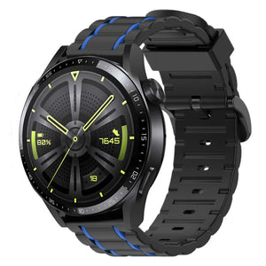 Silicone Sport Strap with Buckle, black/blue, on a watch, 3/4 front view