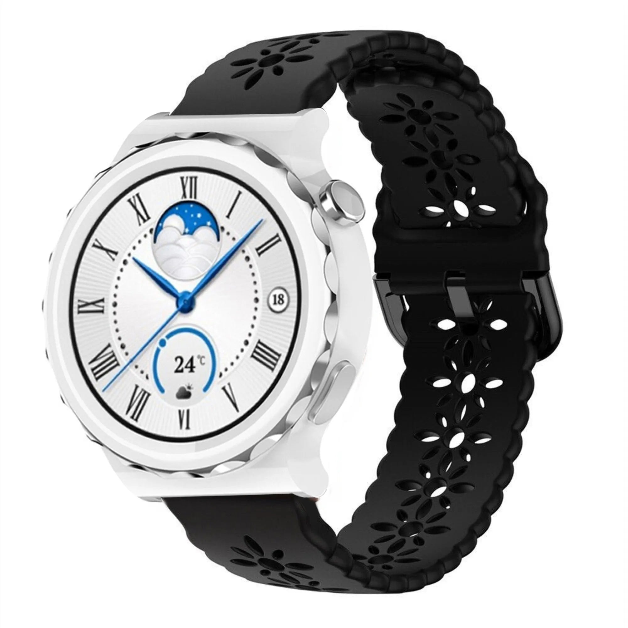 Patterned Silicone Strap, black, on a watch, 3/4 front view