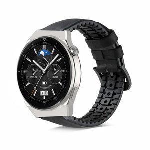 Leather Hybrid Strap, black, on a watch, 3/4 front view