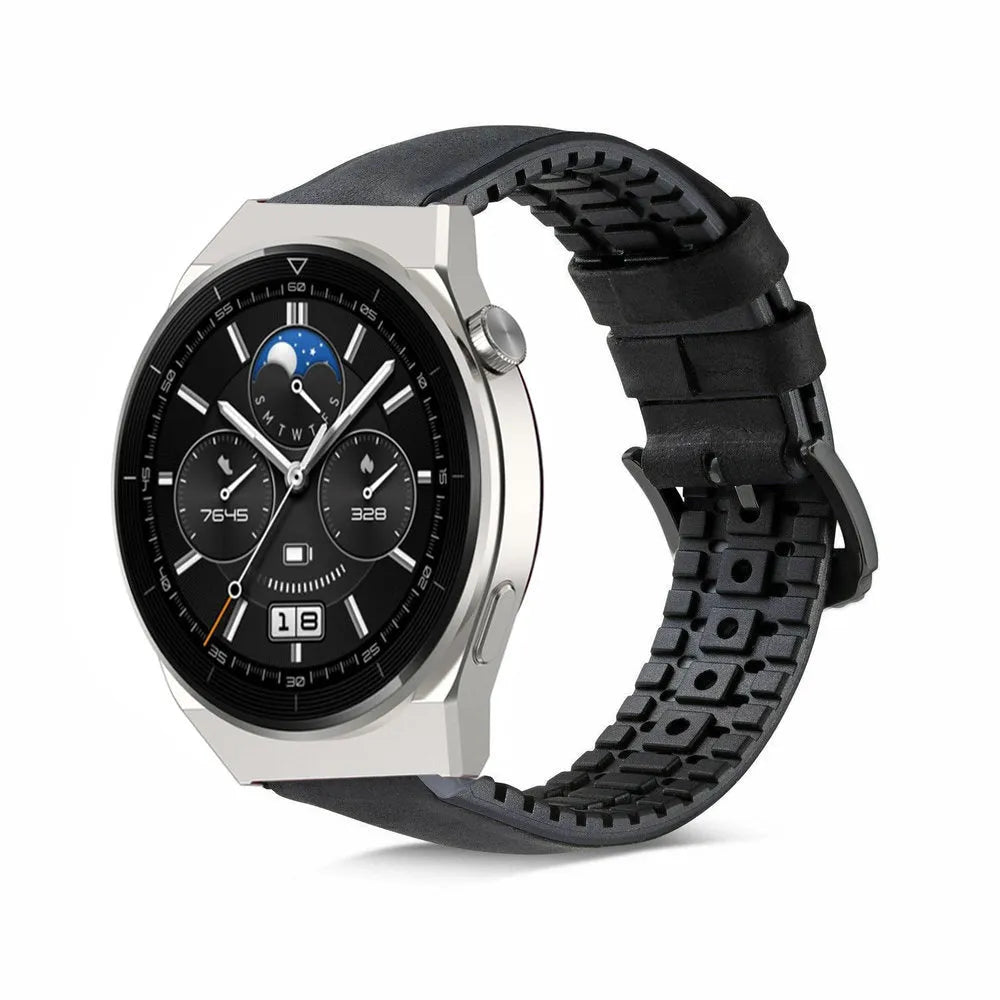 Leather Hybrid Strap, black, on a watch, 3/4 front view