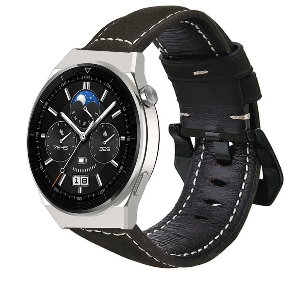 Leather Strap, black, on a watch, 3/4 front view