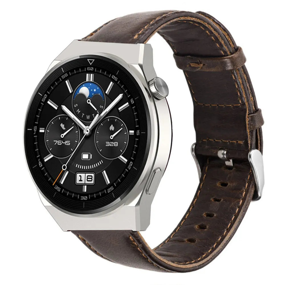 Leather Strap, dark brown, on a watch, 3/4 front view