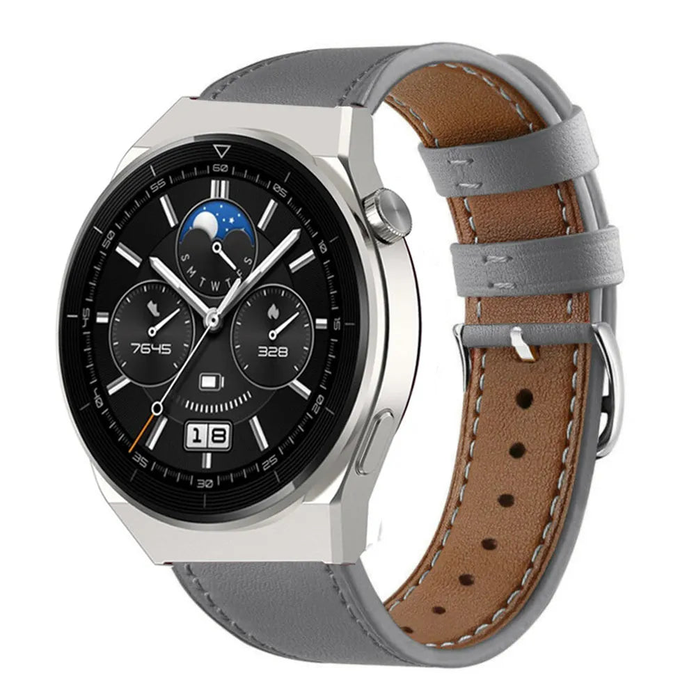 Modern Leather Strap, grey, on a watch, 3/4 front view