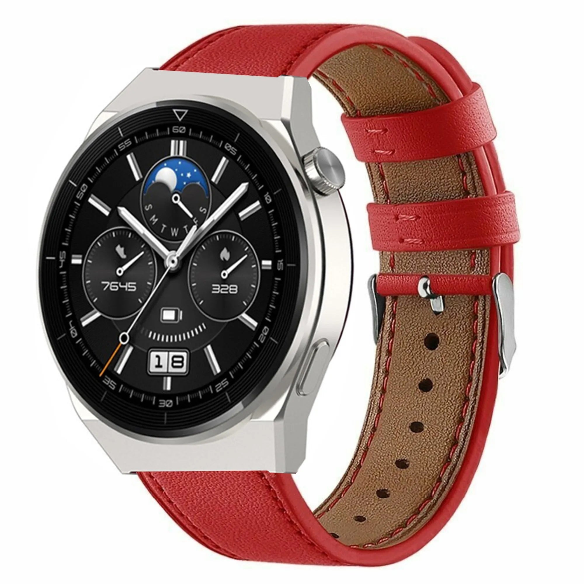 Modern Leather Strap, red, on a watch, 3/4 front view